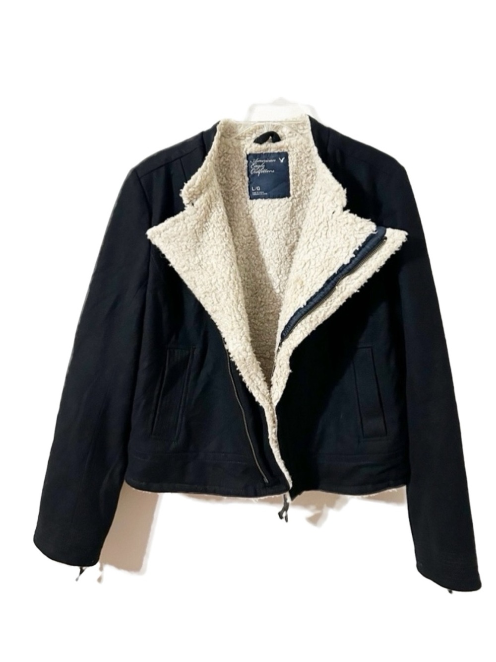 American Eagle Wool Blend Sherpa Lined Moto Jacket Black Asymmetrical